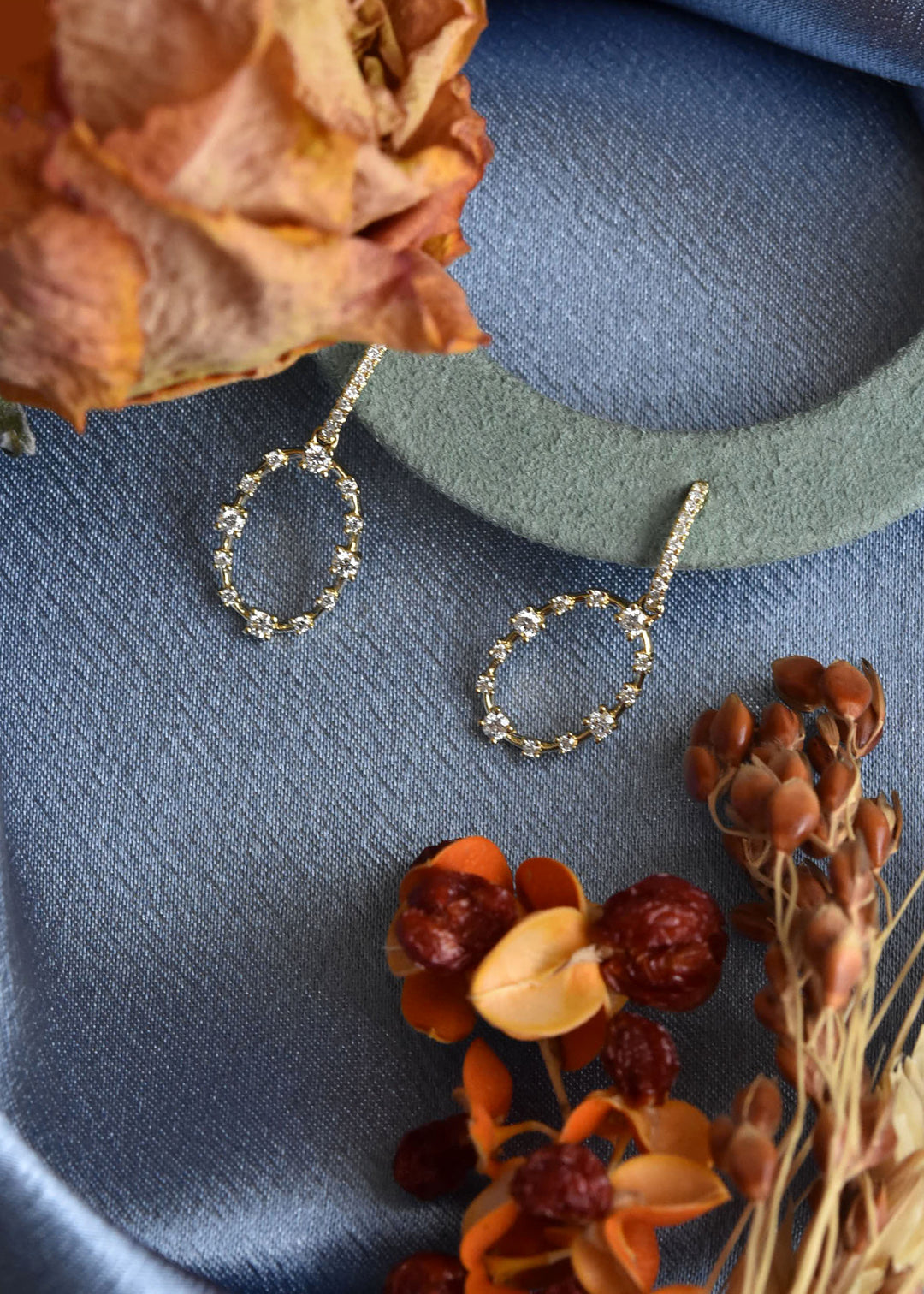 Diamond and 14k Yellow Gold Oval Dangle Earrings