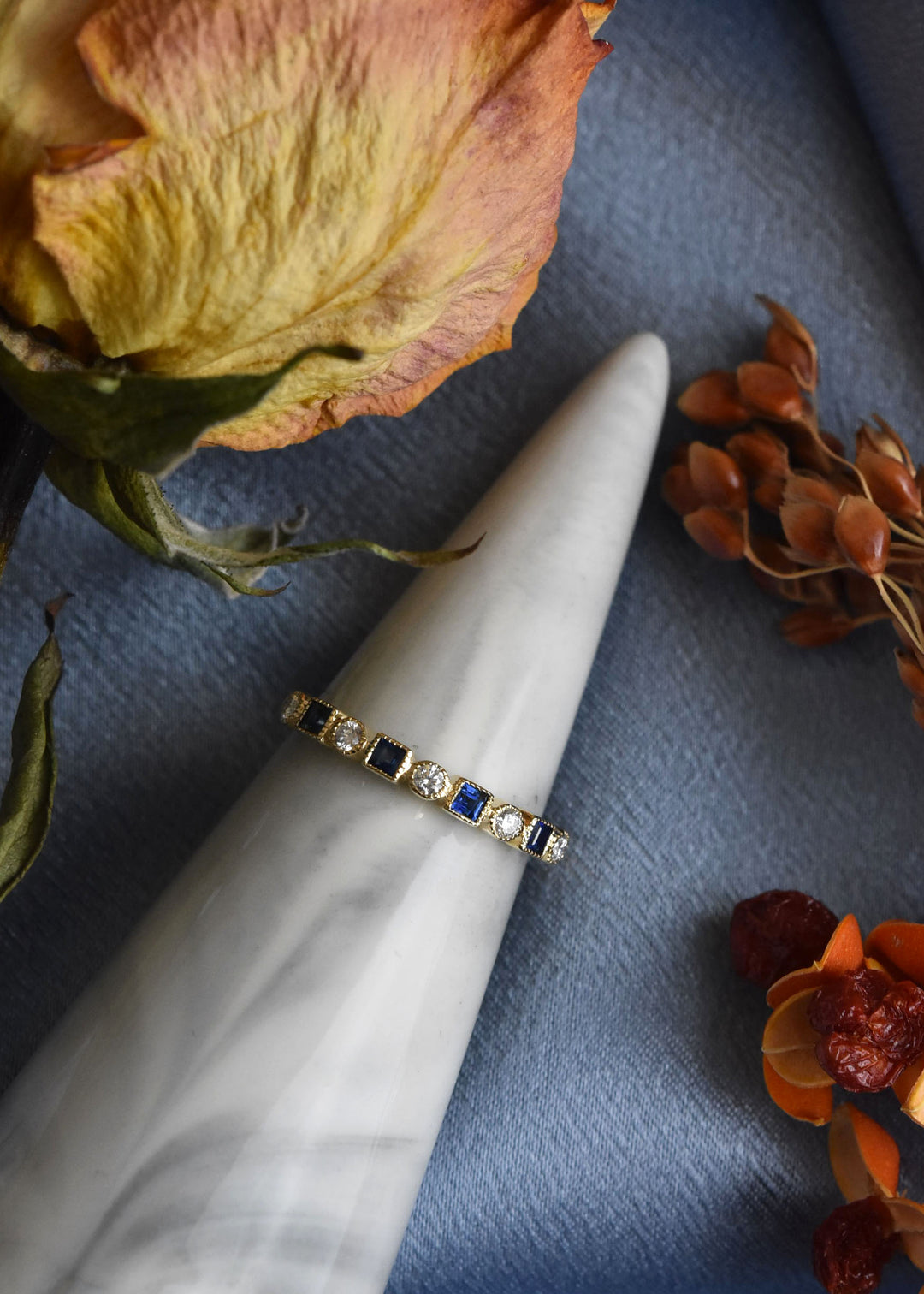 14k Yellow Gold Blue Sapphire & Diamond Band
