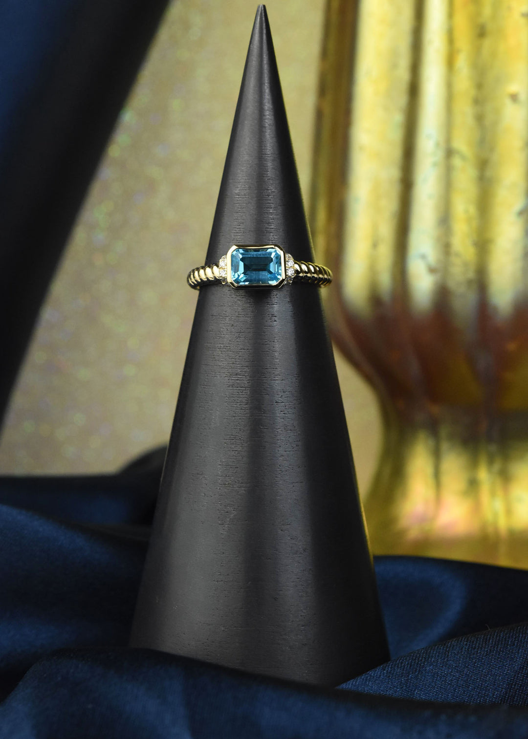 East-West Blue Topaz and Diamond Ring