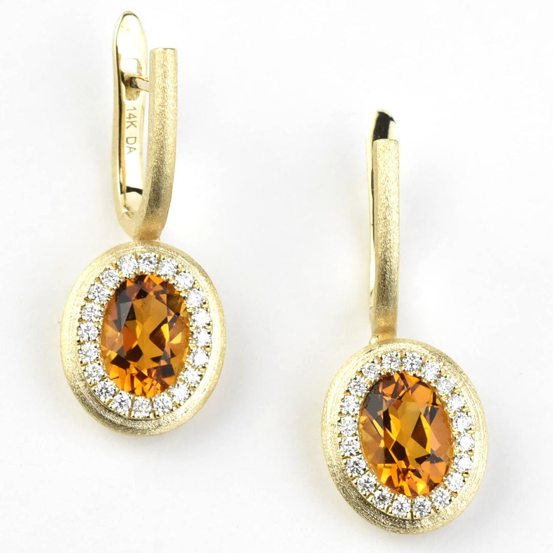 Citrine and Diamond Halo 14k Brushed Gold Earrings