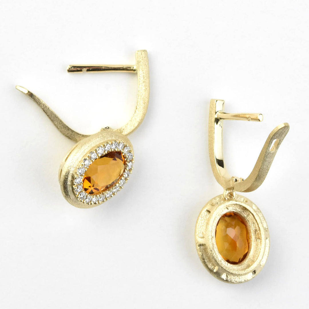 Citrine and Diamond Halo 14k Brushed Gold Earrings