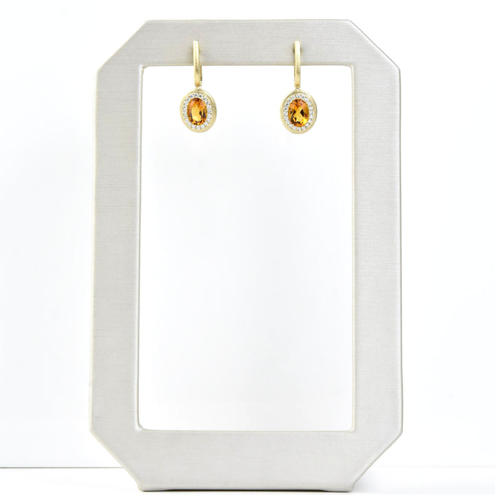 Citrine and Diamond Halo 14k Brushed Gold Earrings