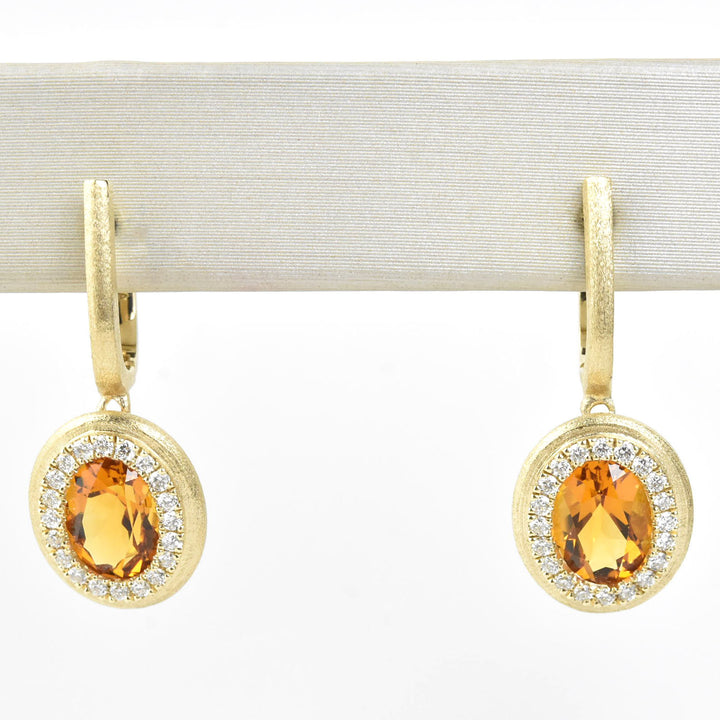 Citrine and Diamond Halo 14k Brushed Gold Earrings