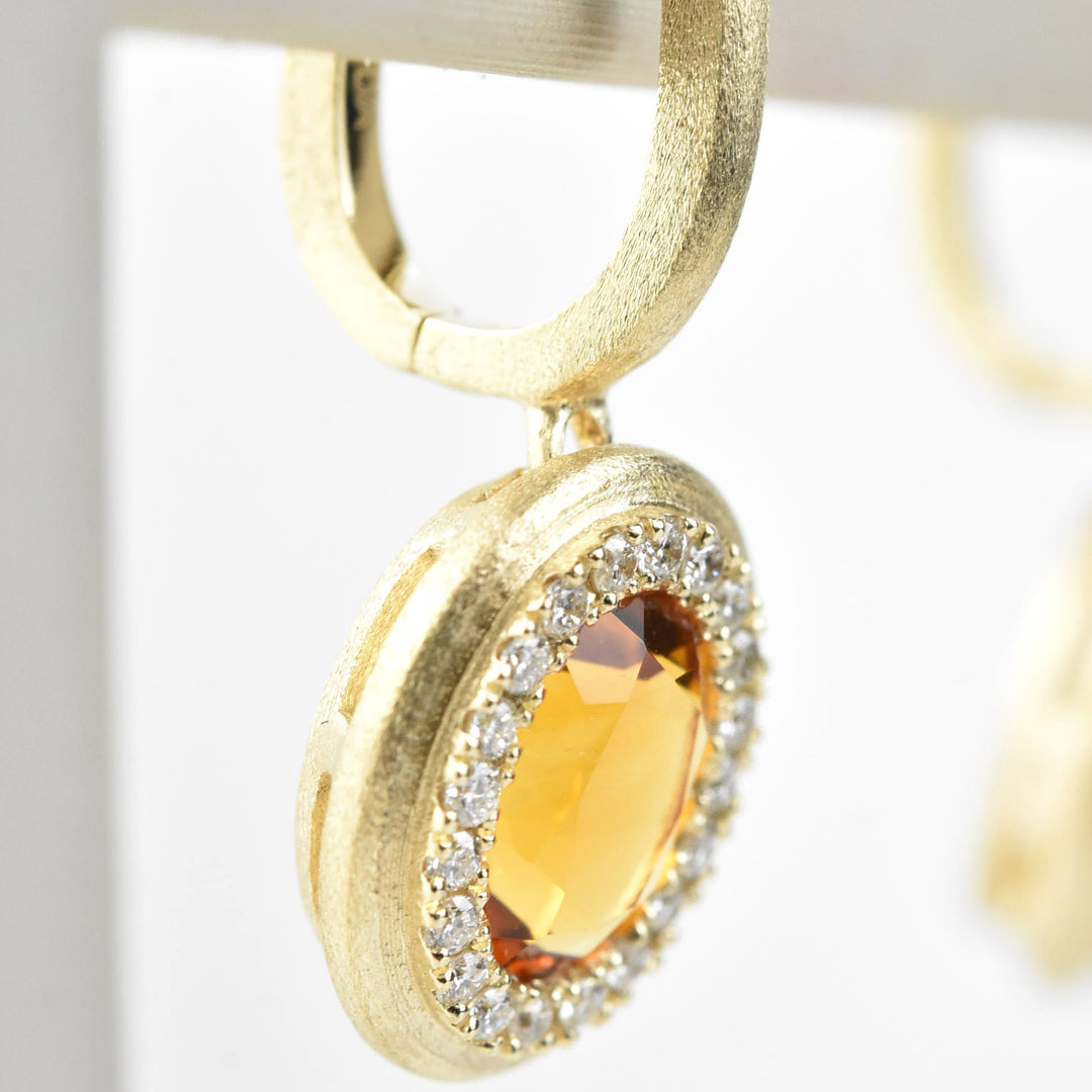 Citrine and Diamond Halo 14k Brushed Gold Earrings