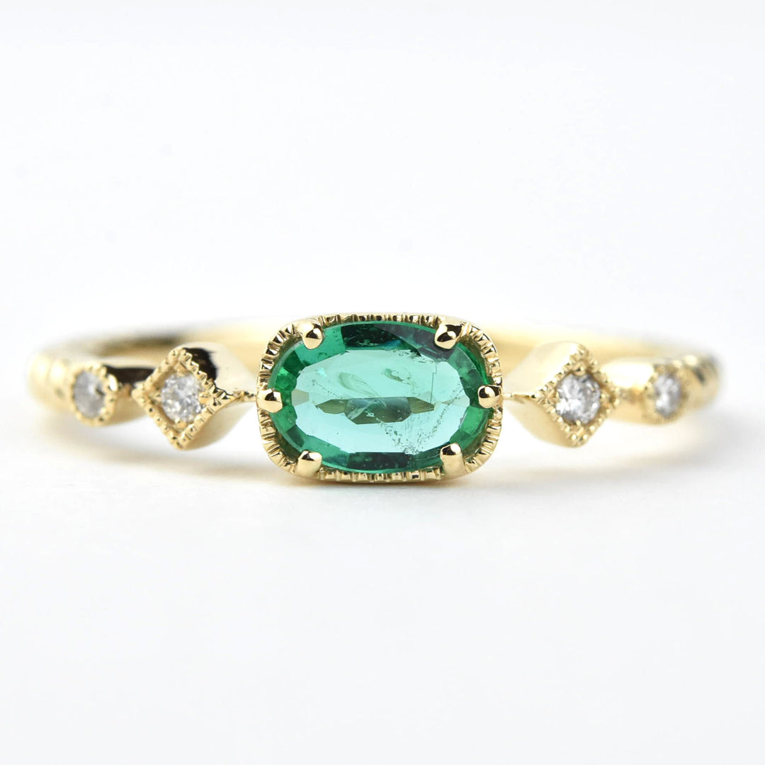 East-West Emerald and Diamond Ring In 14k Yellow Gold - Goldmakers Fine Jewelry