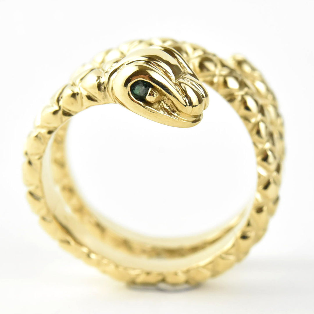 Copperhead Snake Ring in 14k Gold with Emerald Eyes