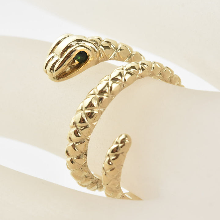 Copperhead Snake Ring in 14k Gold with Emerald Eyes