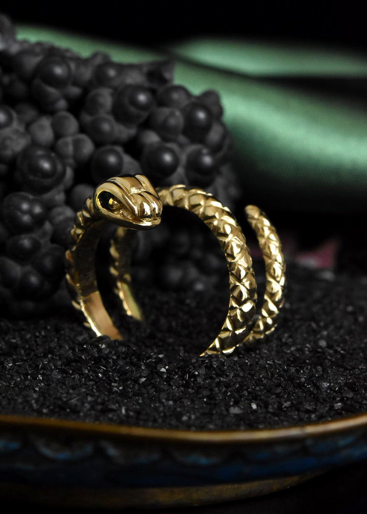 Copperhead Snake Ring in 14k Gold with Emerald Eyes