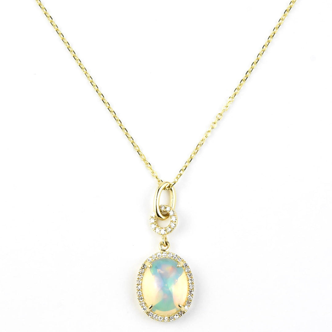 Opal and Diamond Halo Necklace in Yellow Gold