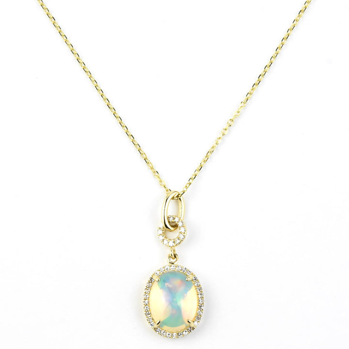 Opal and Diamond Halo Necklace in Yellow Gold