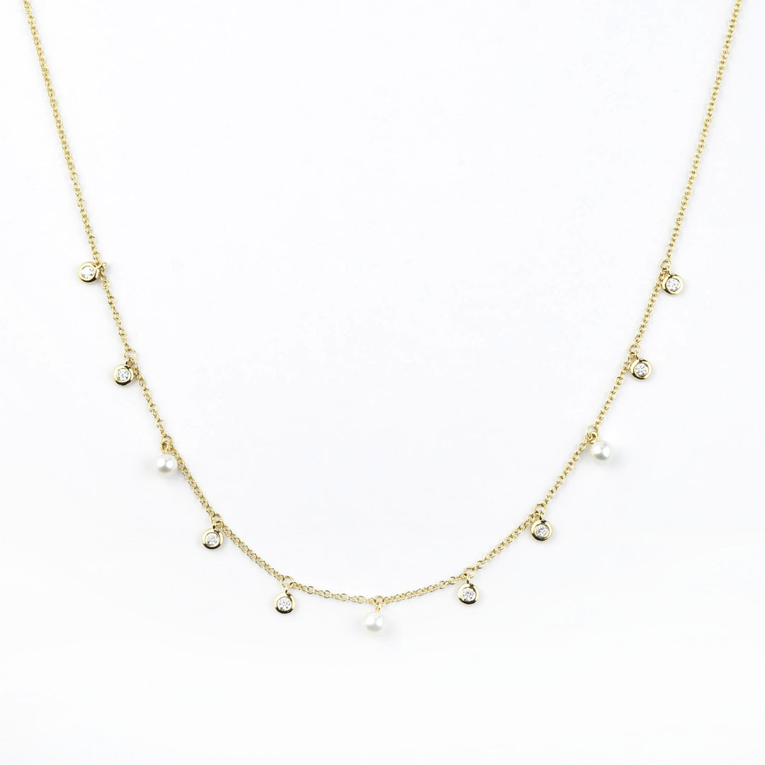 Pearl and Diamond Station Necklace in Yellow Gold - Goldmakers Fine Jewelry