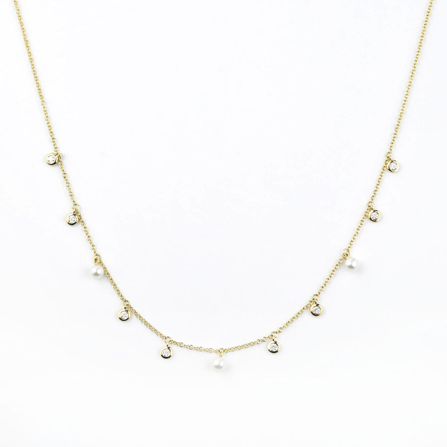 Pearl and Diamond Station Necklace in Yellow Gold - Goldmakers Fine Jewelry