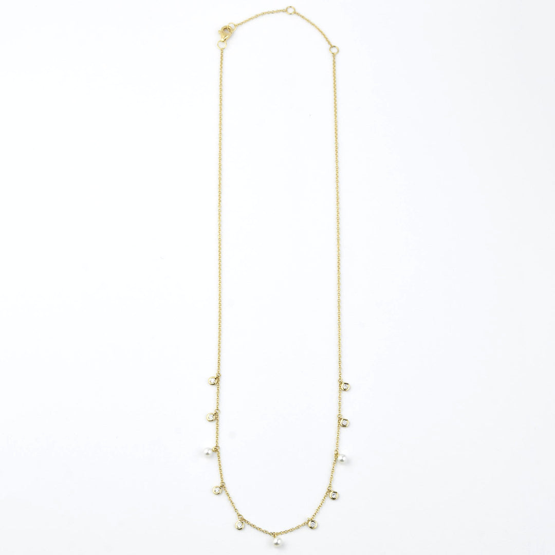 Pearl and Diamond Station Necklace in Yellow Gold - Goldmakers Fine Jewelry