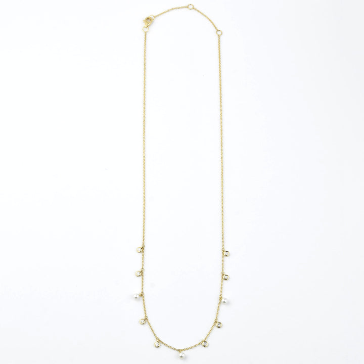 Pearl and Diamond Station Necklace in Yellow Gold - Goldmakers Fine Jewelry