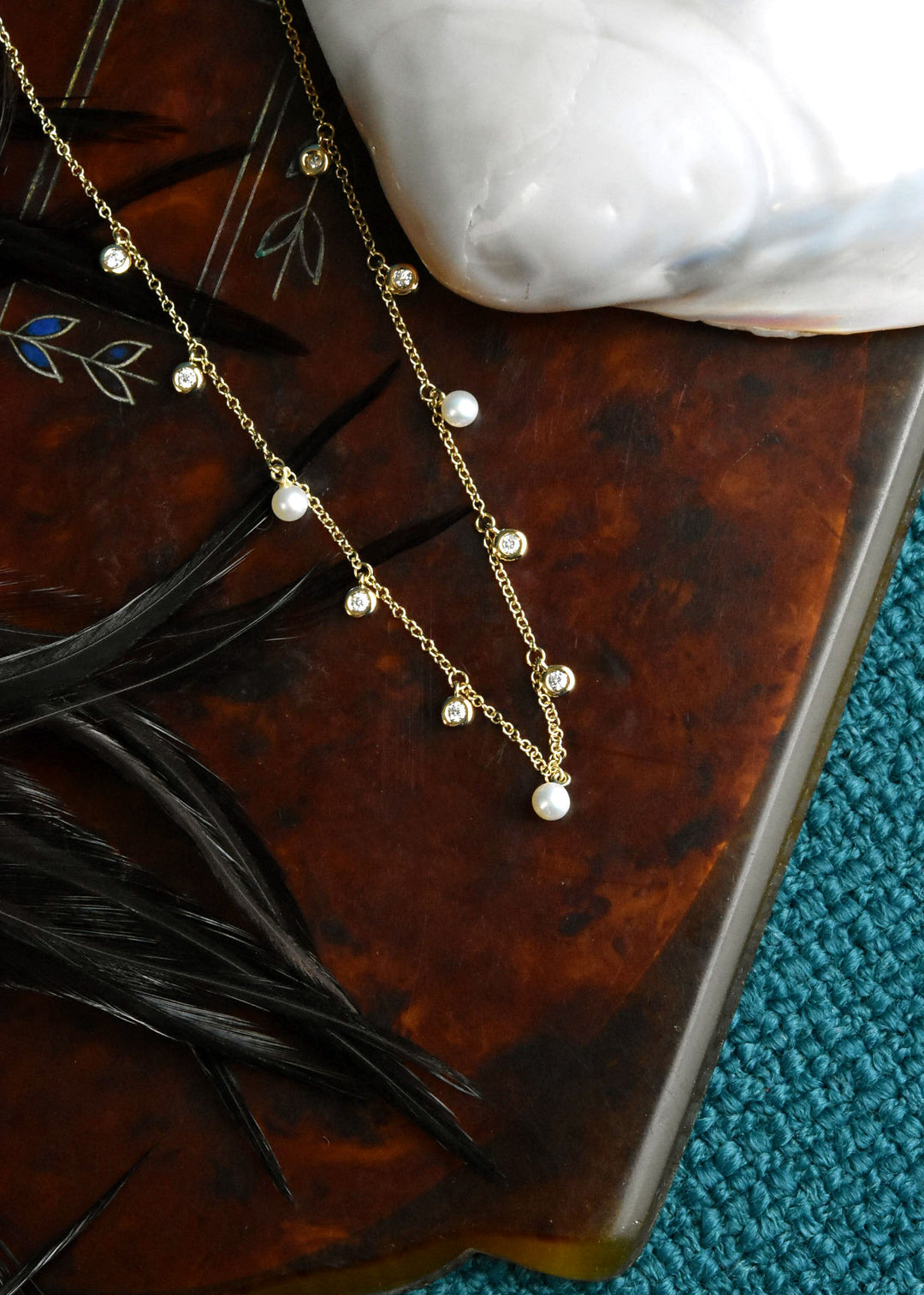 Pearl and Diamond Station Necklace in Yellow Gold - Goldmakers Fine Jewelry