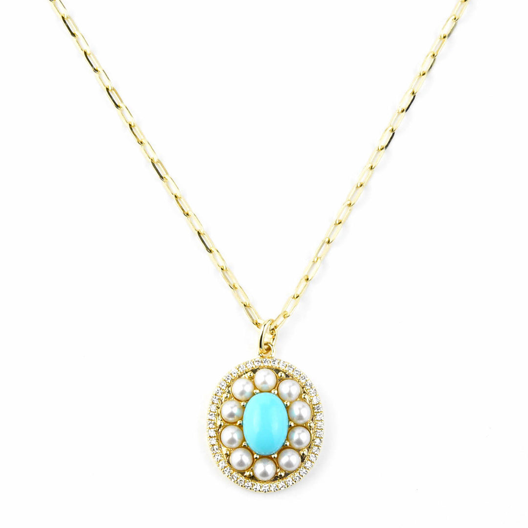 Pearl, Diamond and Turquoise Necklace, 14k Yellow Gold