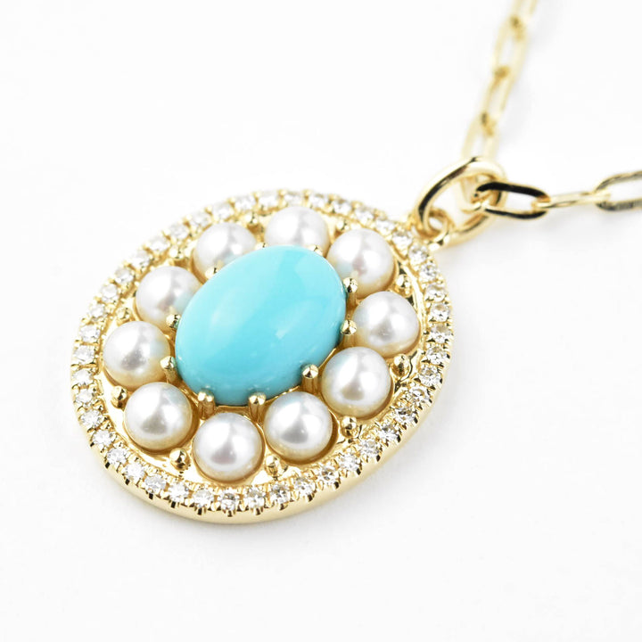 Pearl, Diamond and Turquoise Necklace, 14k Yellow Gold