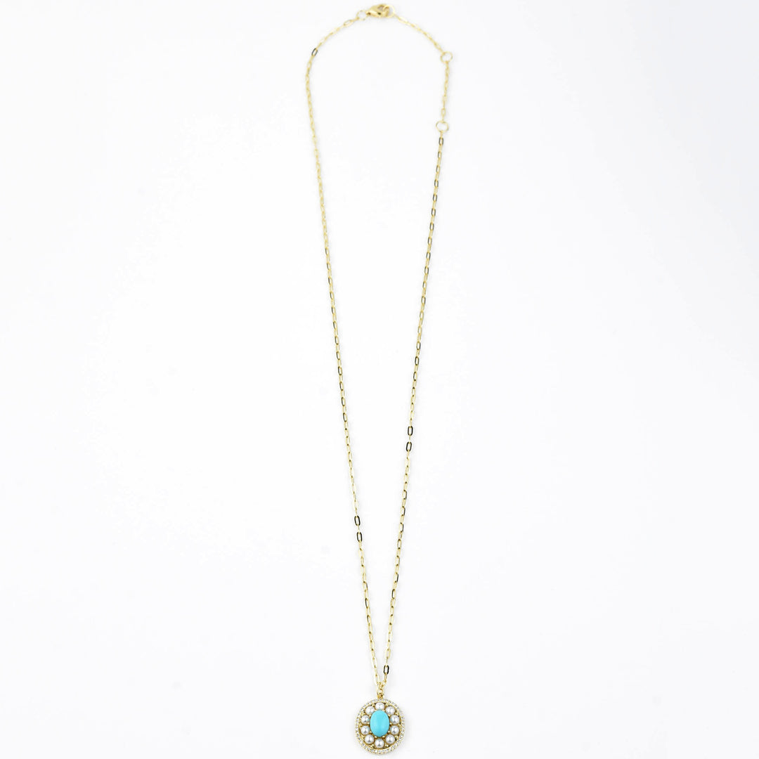 Pearl, Diamond and Turquoise Necklace, 14k Yellow Gold