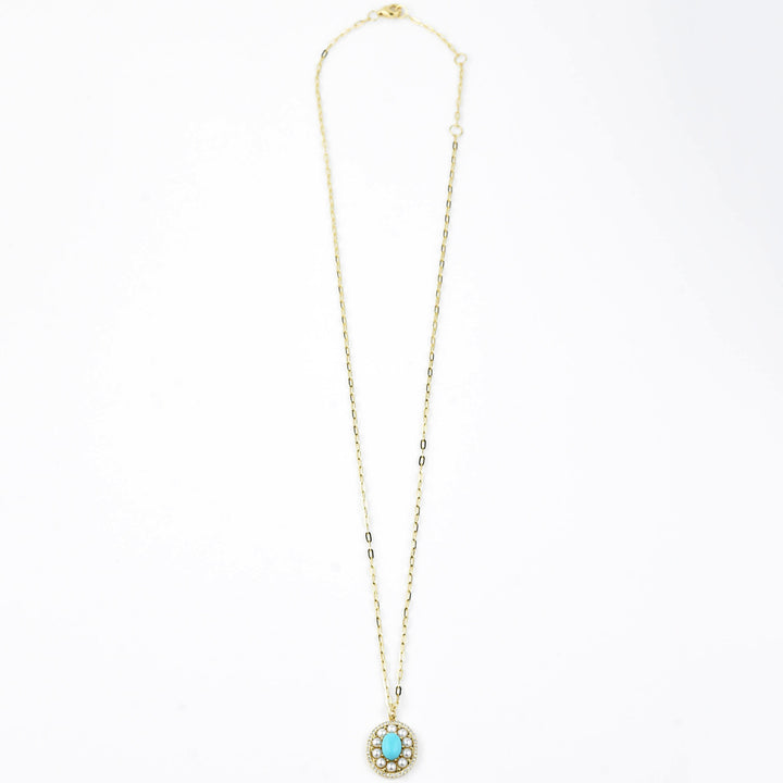 Pearl, Diamond and Turquoise Necklace, 14k Yellow Gold