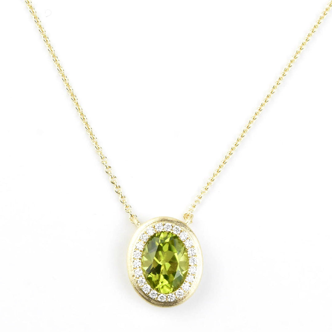 Peridot and Diamond Halo Necklace 14k Gold