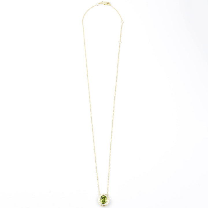 Peridot and Diamond Halo Necklace 14k Gold