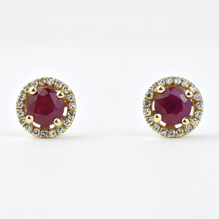 Ruby and Diamond Halo Studs in Yellow Gold - Goldmakers Fine Jewelry