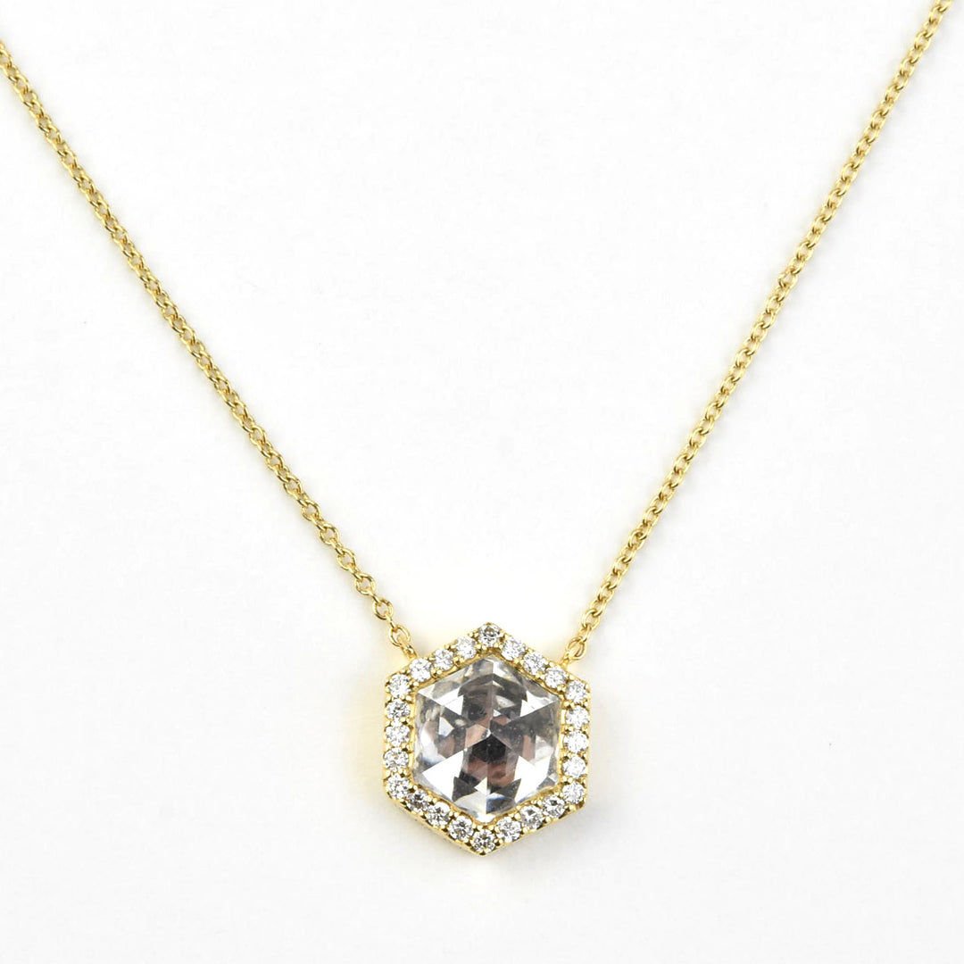 White Quartz and Diamond Necklace in 14k Yellow Gold - Goldmakers Fine Jewelry