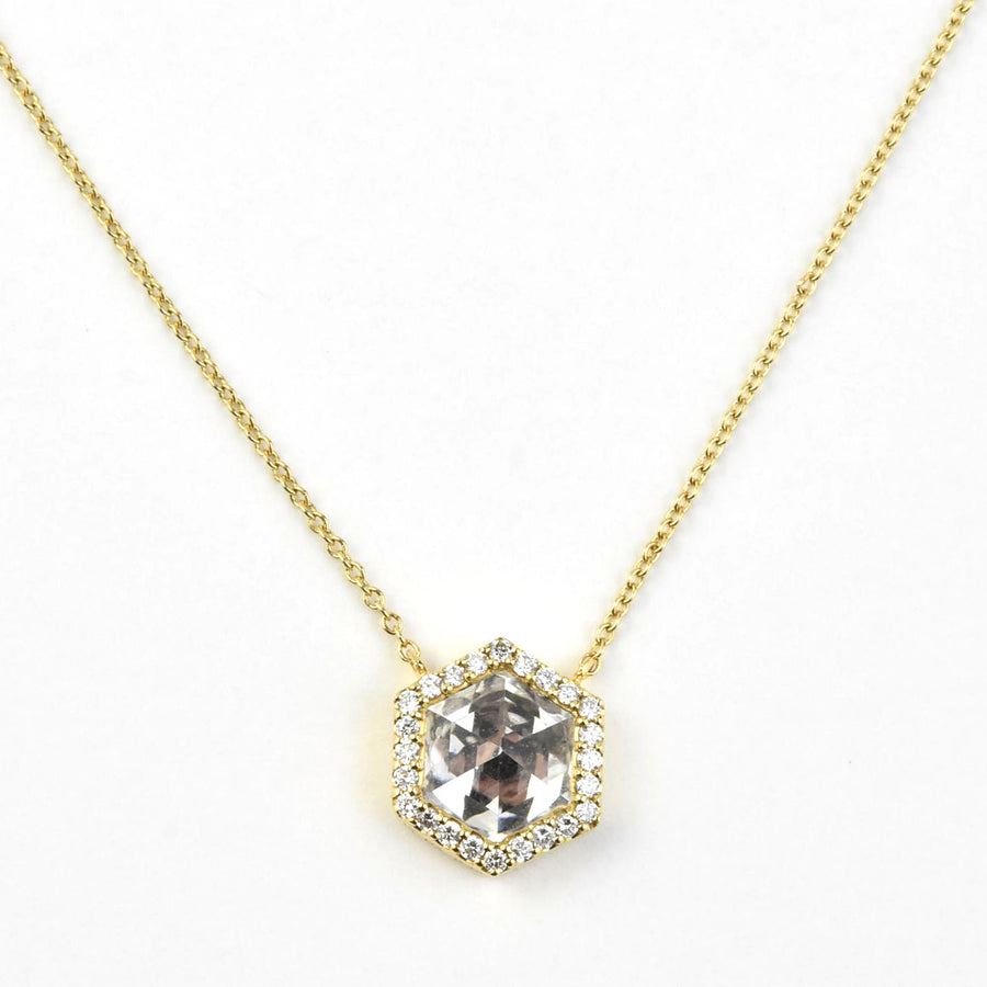 White Quartz and Diamond Necklace in 14k Yellow Gold - Goldmakers Fine Jewelry