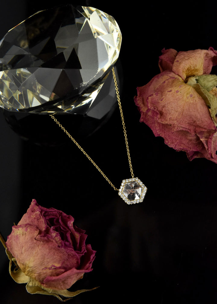 White Quartz and Diamond Necklace in 14k Yellow Gold - Goldmakers Fine Jewelry