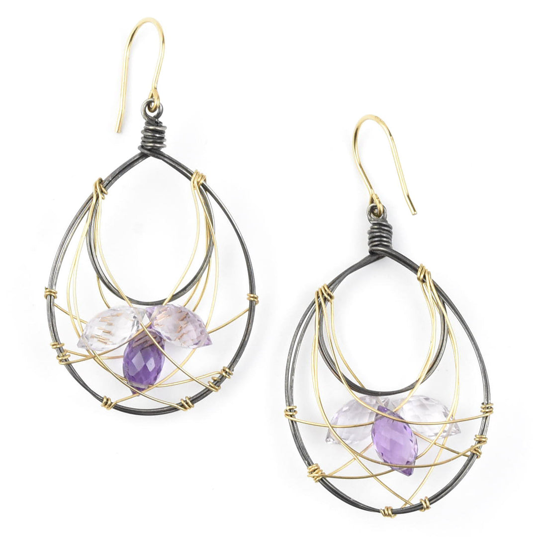 Amethyst Wire Wrap Earrings in Vermeil and Oxidized Silver