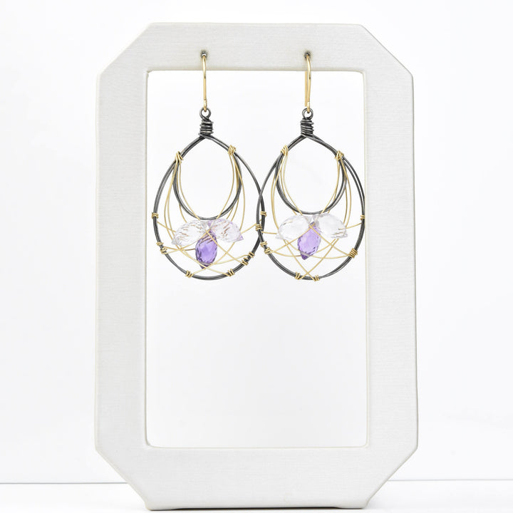 Amethyst Wire Wrap Earrings in Vermeil and Oxidized Silver