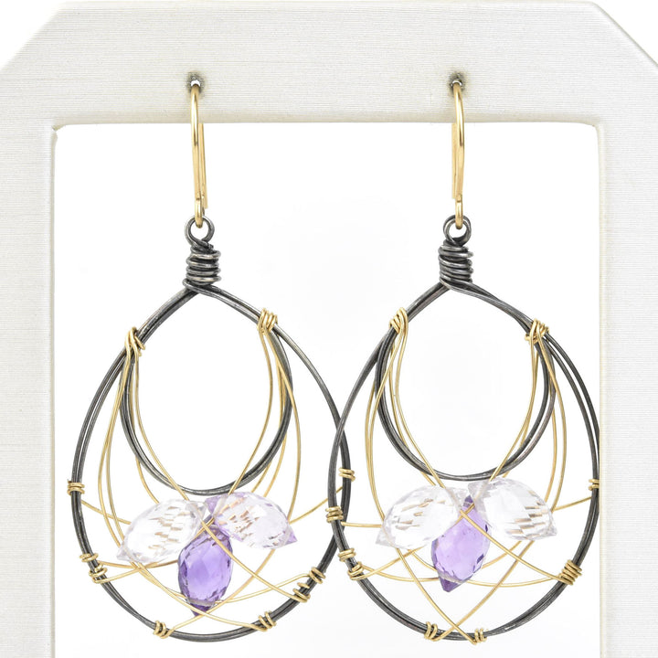 Amethyst Wire Wrap Earrings in Vermeil and Oxidized Silver