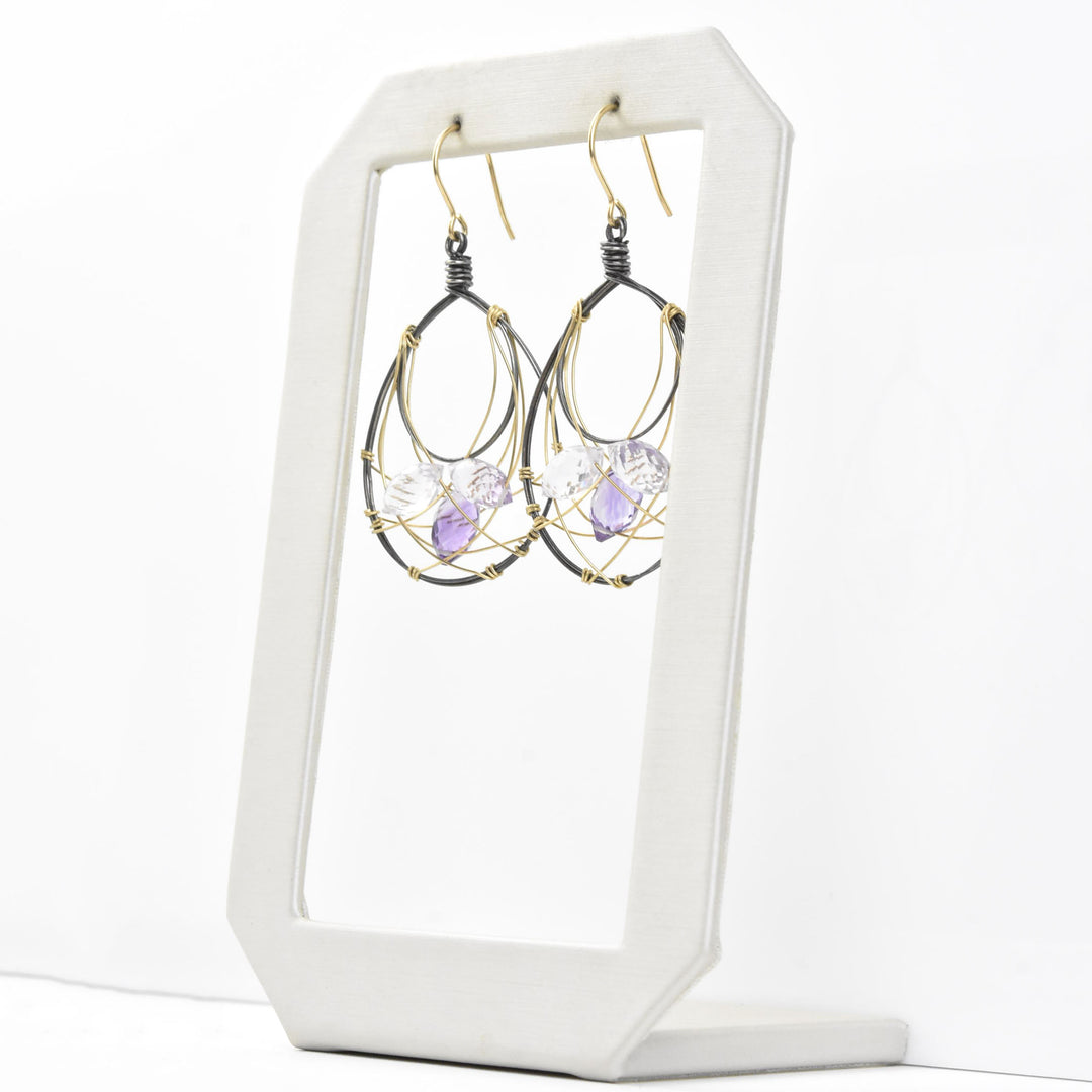 Amethyst Wire Wrap Earrings in Vermeil and Oxidized Silver