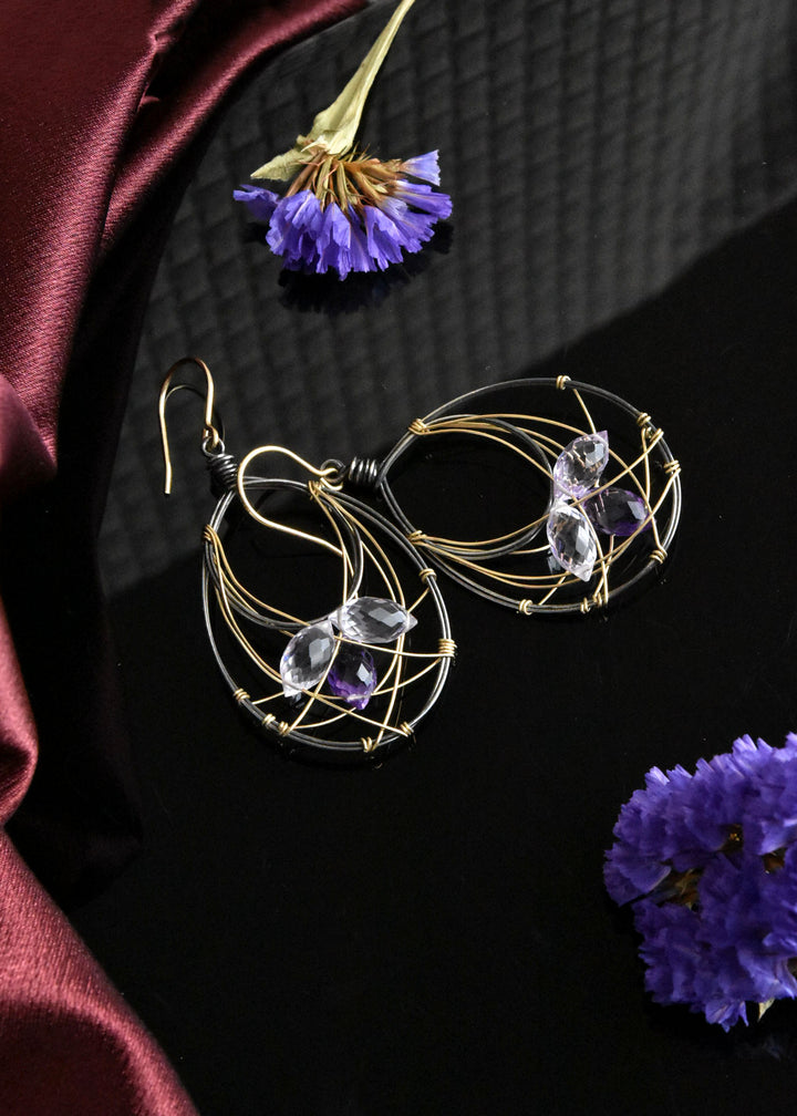Amethyst Wire Wrap Earrings in Vermeil and Oxidized Silver