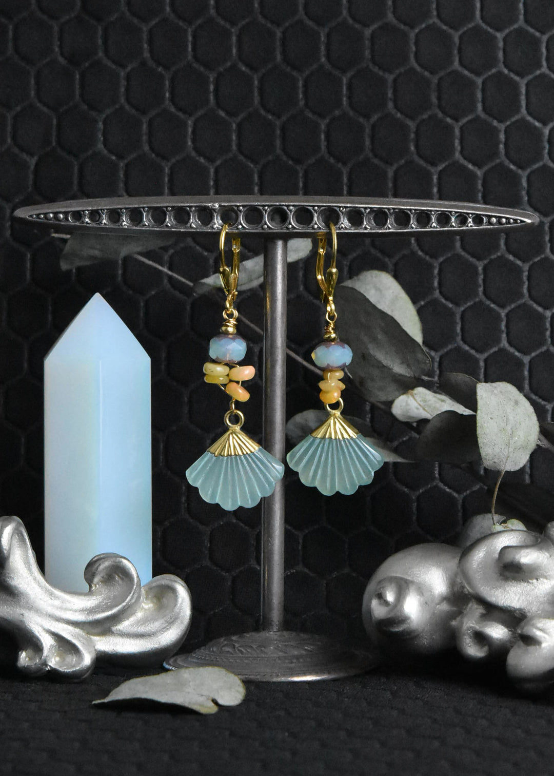 Aqua Chalcedony Fan Earrings