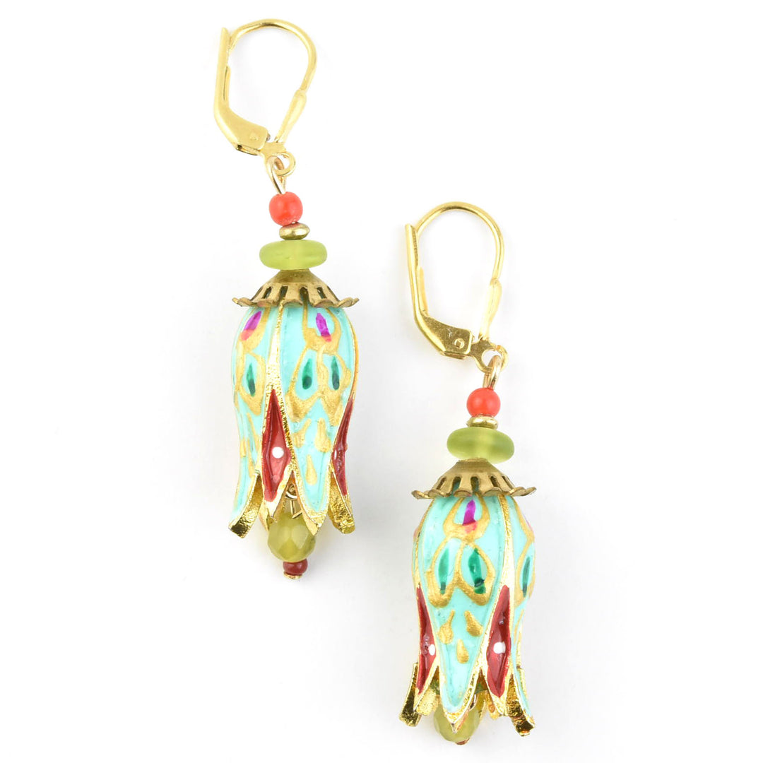 Hand-Painted Aqua Tulip Earrings
