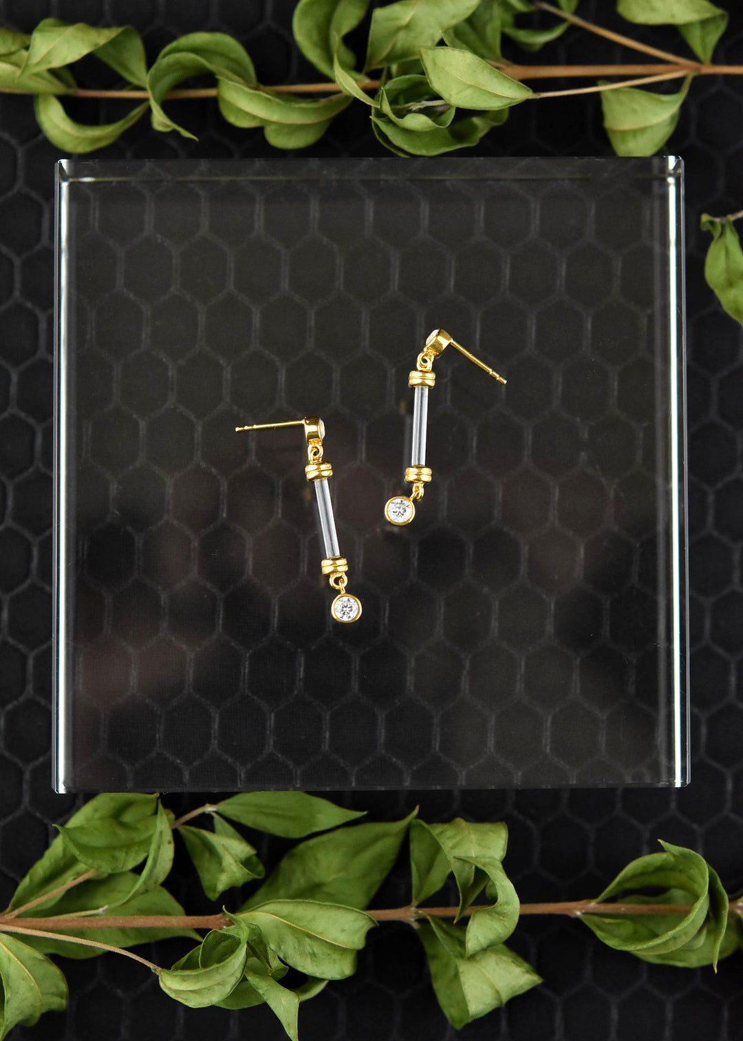 Ultra Dainty Bar & CZ Lucite Earrings - Goldmakers Fine Jewelry