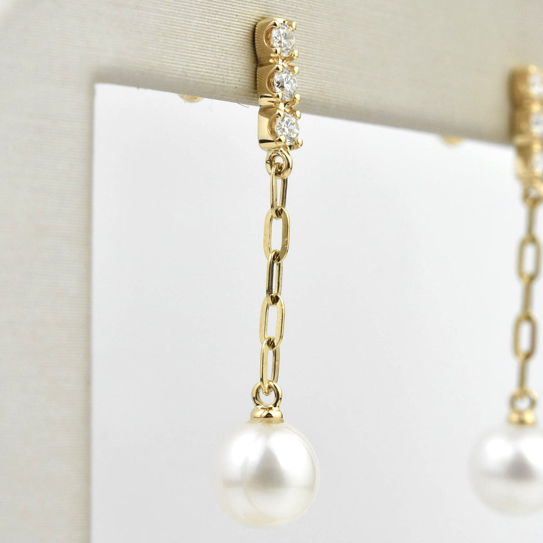Pearl, Diamond and Gold Chain Drop Earrings - Goldmakers Fine Jewelry