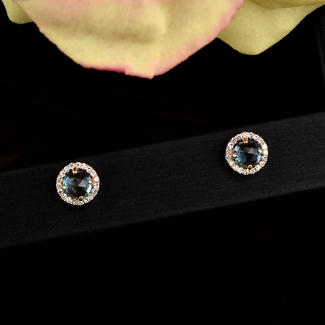 London Blue Topaz and Diamond Halo Studs in Rose Gold - Goldmakers Fine Jewelry