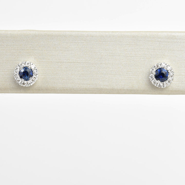 Sapphire and Diamond Halo Studs in White Gold - Goldmakers Fine Jewelry