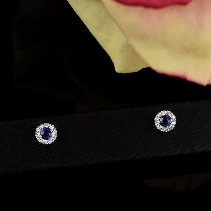 Sapphire and Diamond Halo Studs in White Gold - Goldmakers Fine Jewelry