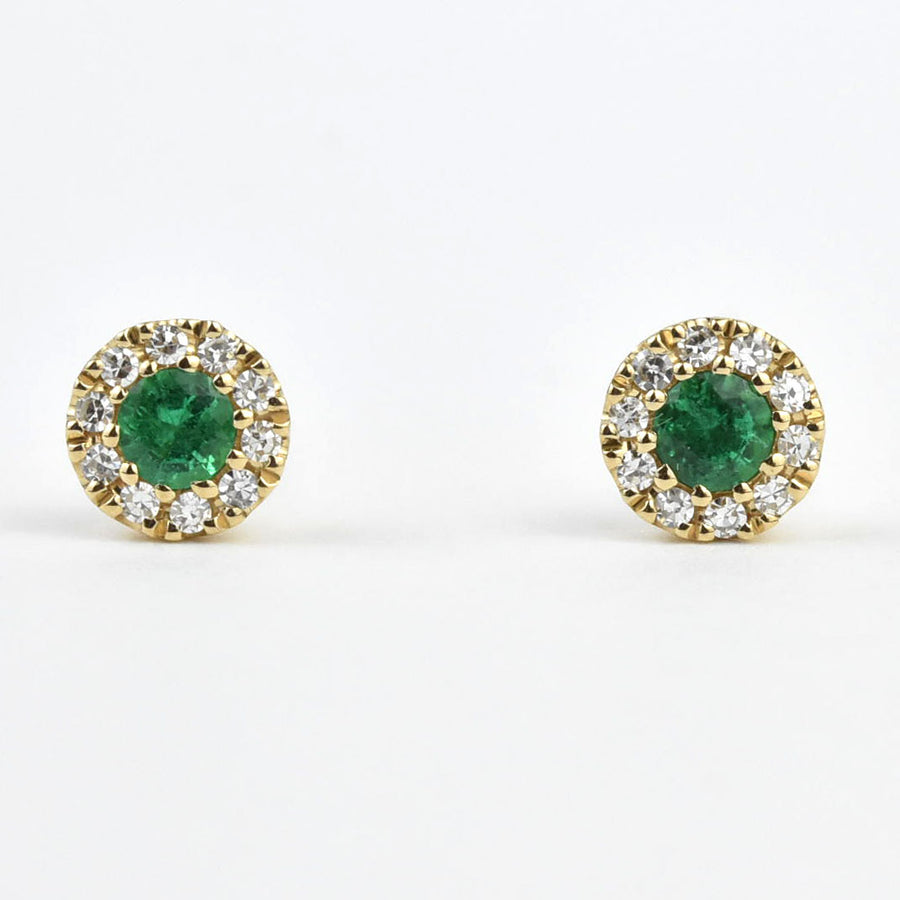 Emerald and Diamond Halo Studs in Yellow Gold - Goldmakers Fine Jewelry