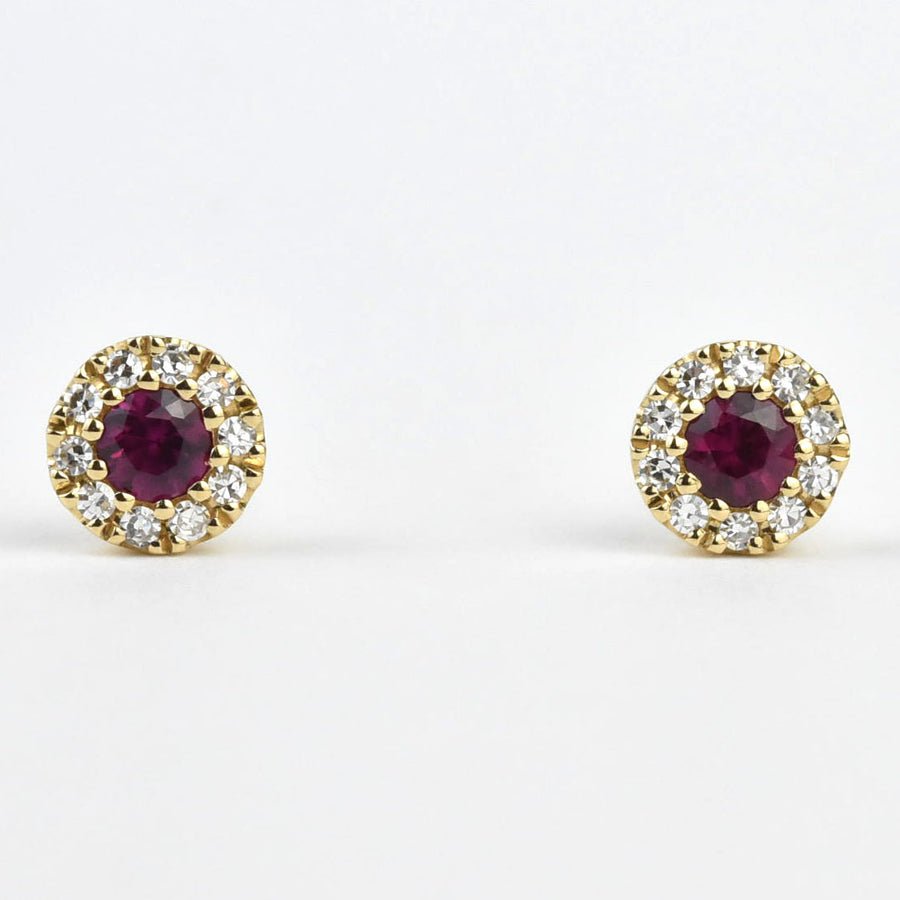 Ruby and Diamond Halo Studs in Yellow Gold - Goldmakers Fine Jewelry