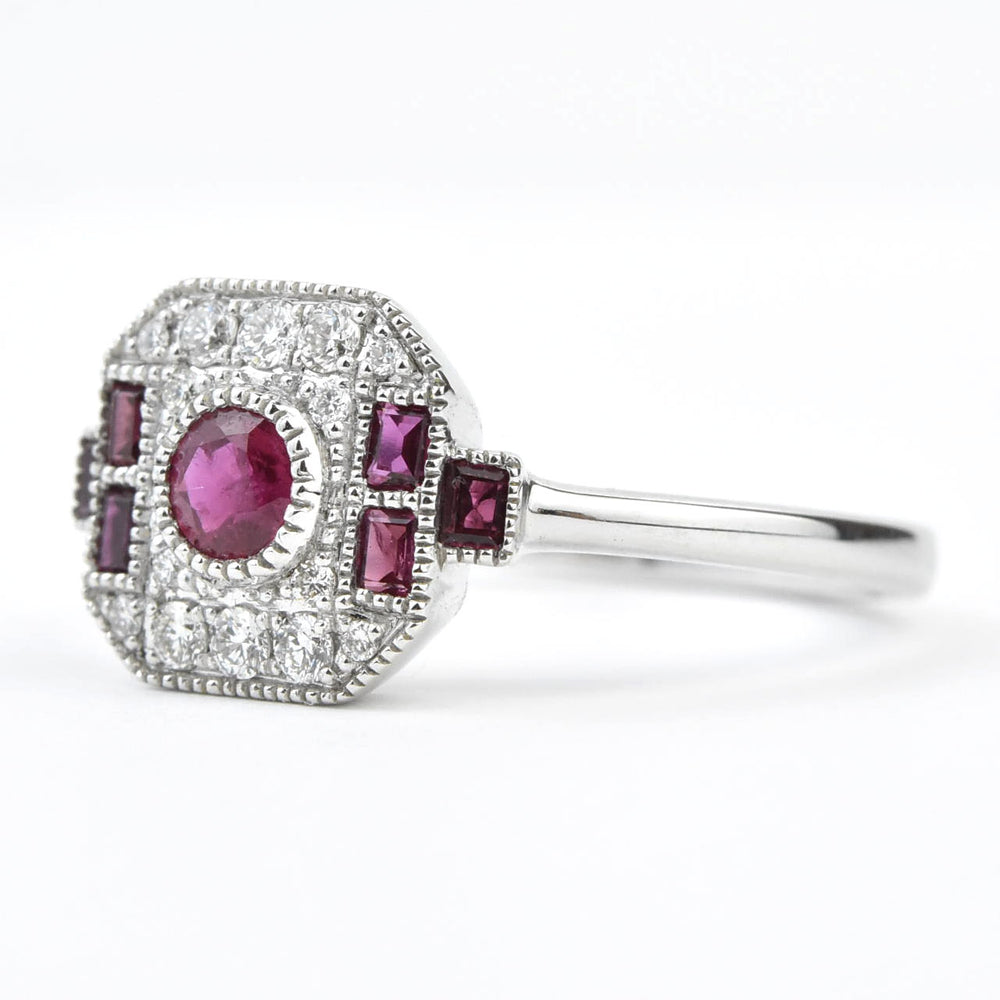 Deco Ruby and Diamond Ring in White Gold - Goldmakers Fine Jewelry
