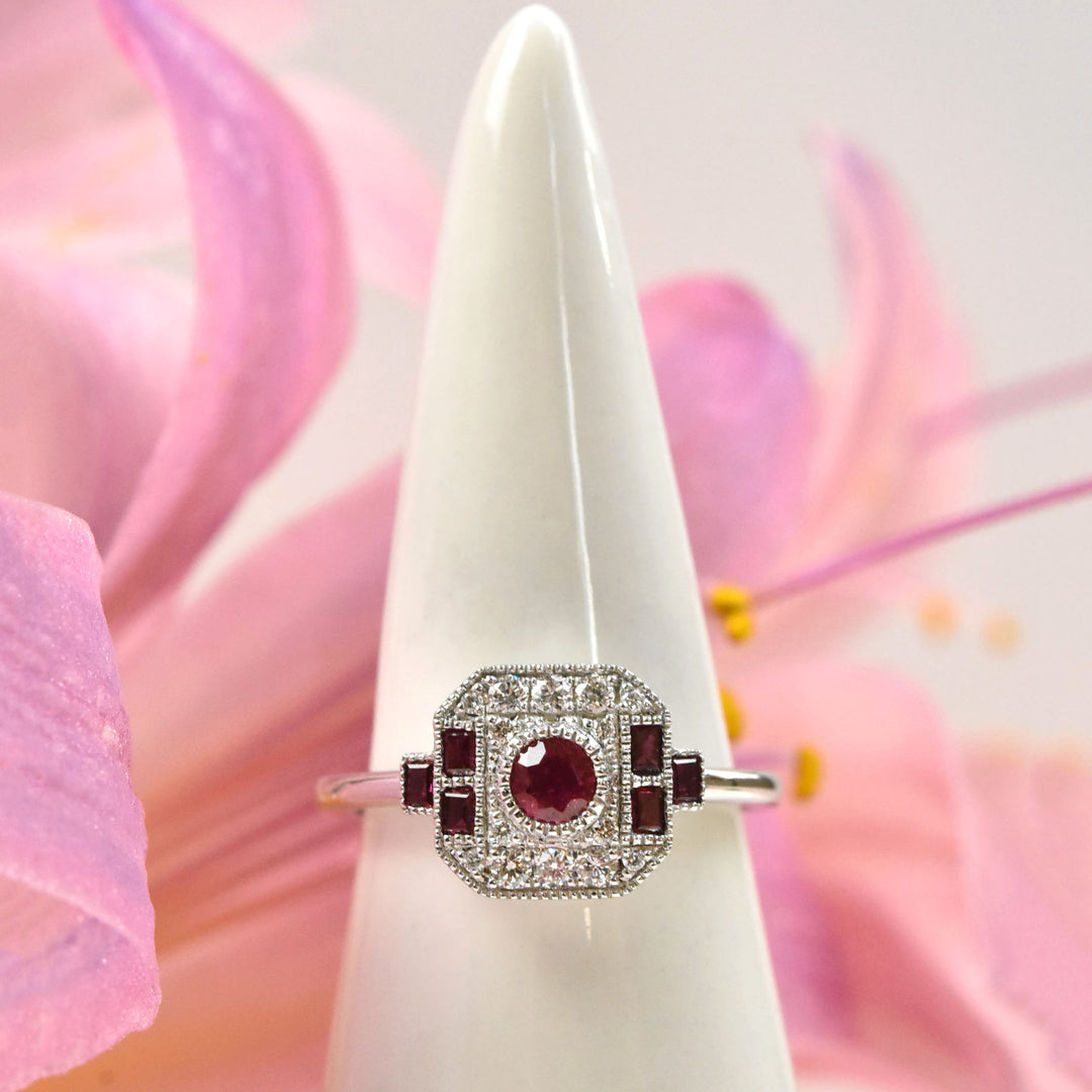 Deco Ruby and Diamond Ring in White Gold - Goldmakers Fine Jewelry