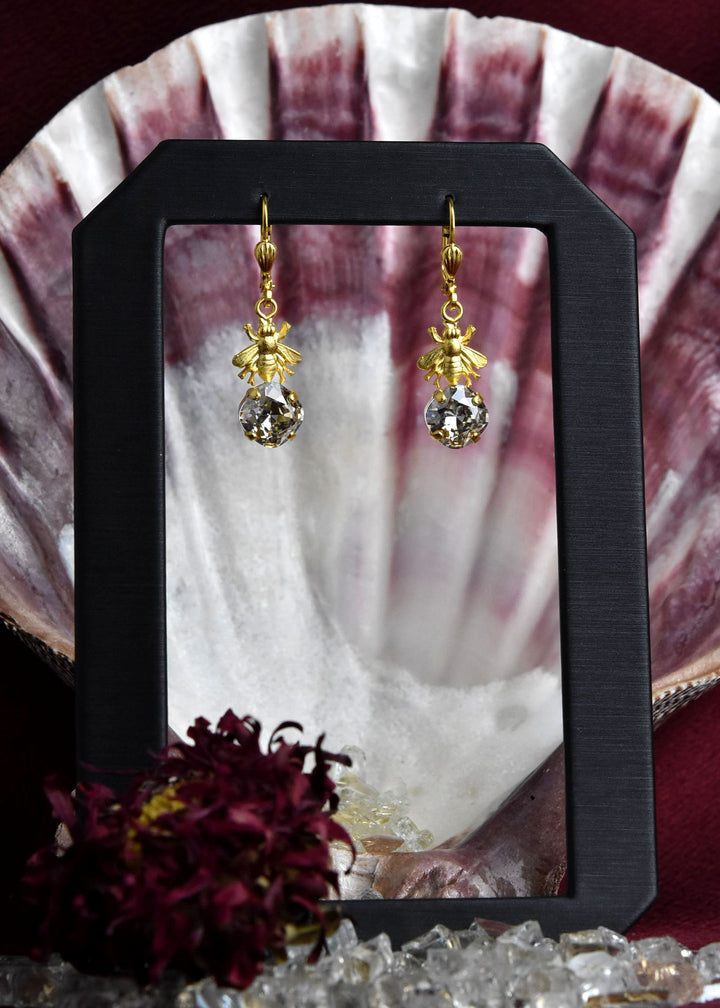 Gold Plated Bee with Crystal Earrings