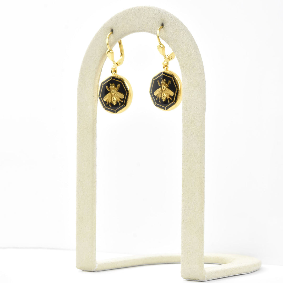 Black Enamel Bee Earrings - Goldmakers Fine Jewelry