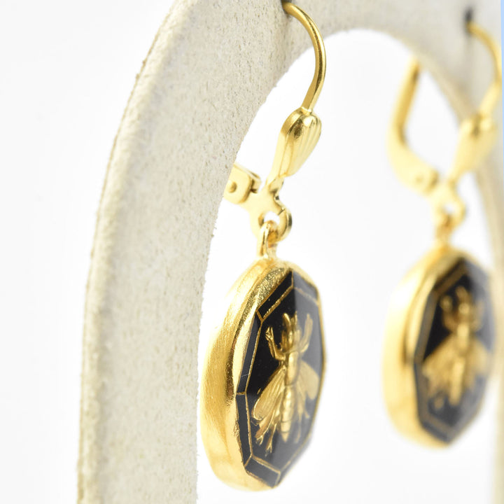Black Enamel Bee Earrings - Goldmakers Fine Jewelry