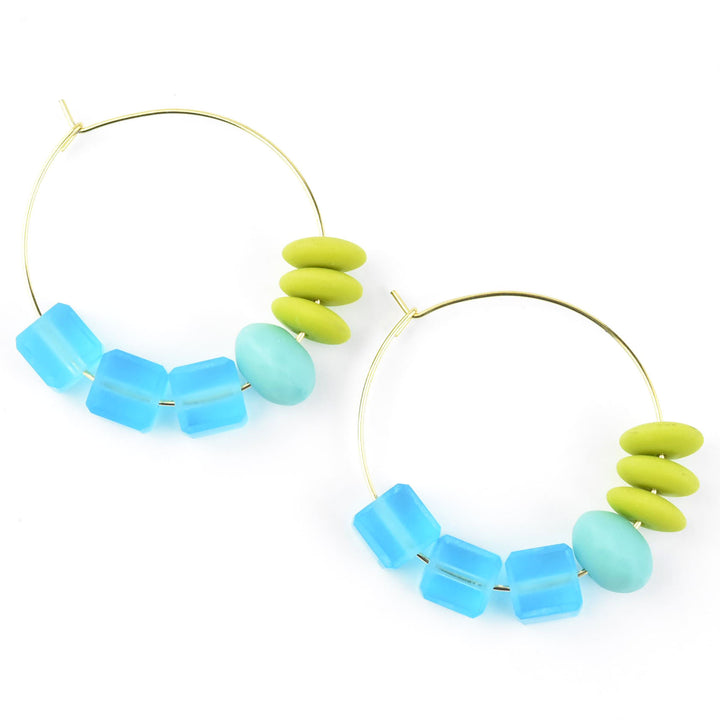 Blue Glass Cube Bead Hoops - Goldmakers Fine Jewelry