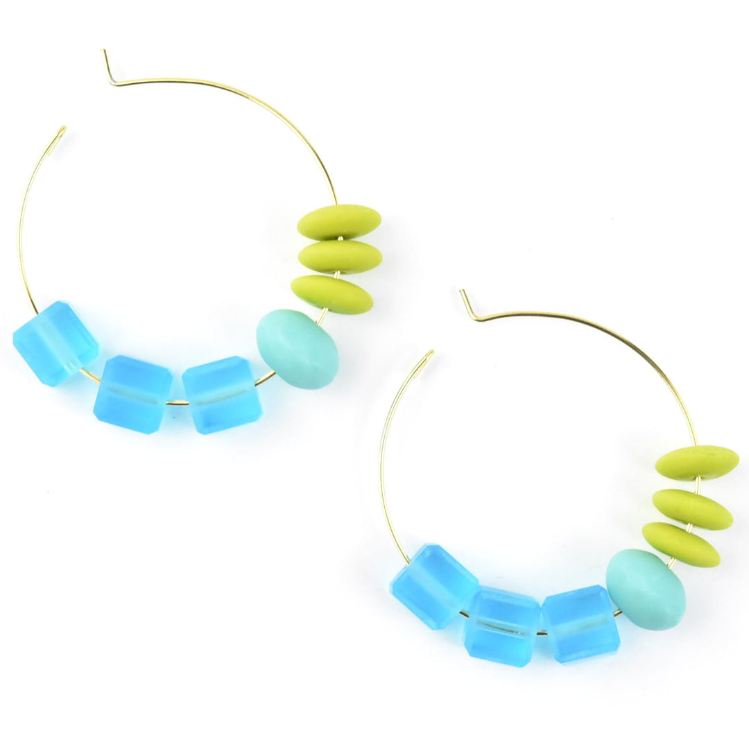 Blue Glass Cube Bead Hoops - Goldmakers Fine Jewelry